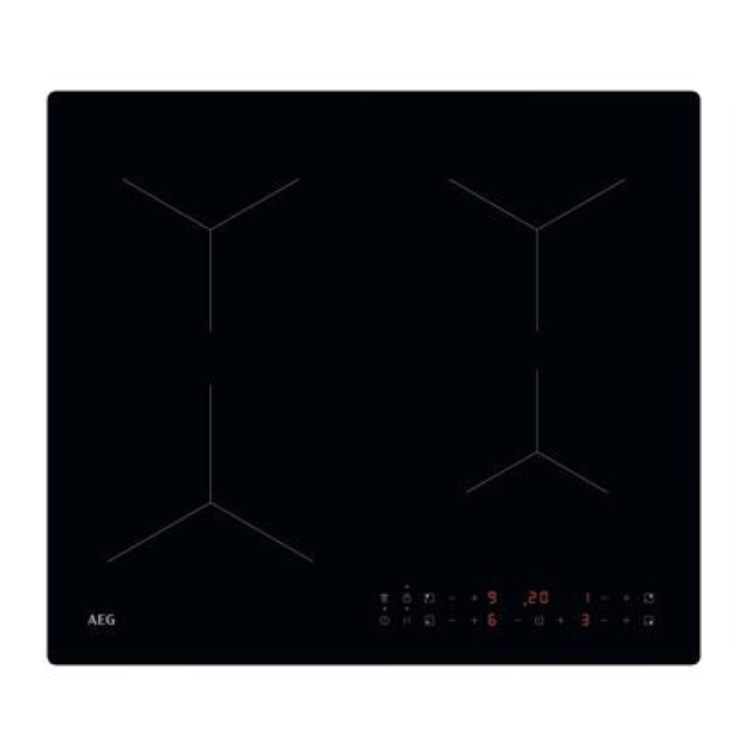 Black AEG induction cooktop, 4 zones, digital display, white lines and logo.