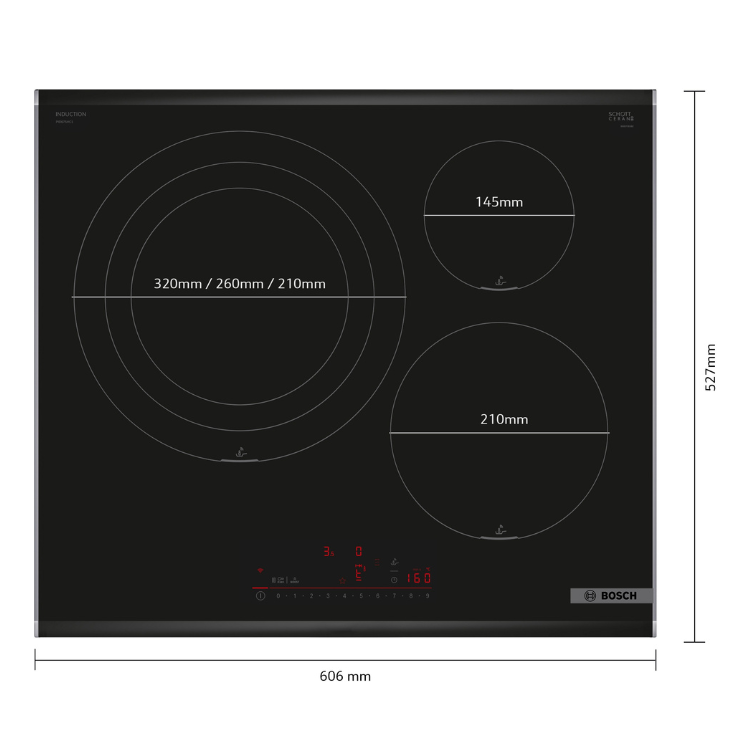 Placa de indução Bosch Série 6, 3 zonas, preto, 7400W, dimensões 606x527mm.