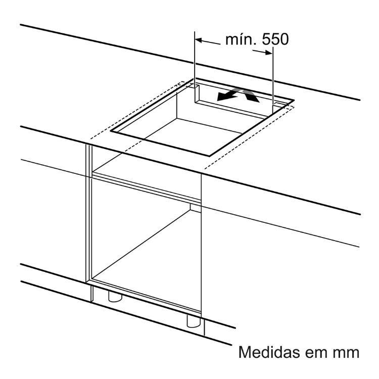 Placa de indução Bosch, medidas de instalação, 550mm de largura mínima.