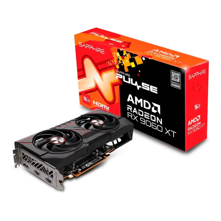 Sapphire Pulse AMD Radeon RX 9060 XT graphics card, 16GB GDDR6, black, with box.