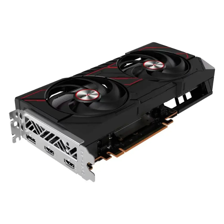 Sapphire AMD Radeon RX 7600 XT graphics card, black with red accents and silver ports.