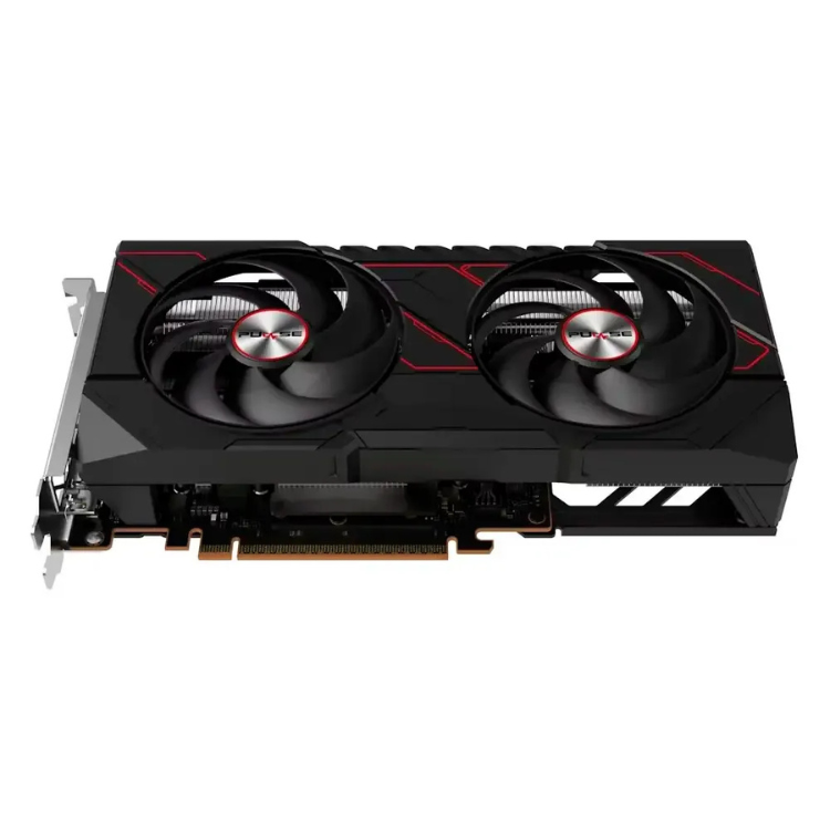 Sapphire Pulse AMD Radeon RX 7600 XT graphics card, black with red accents and two fans.