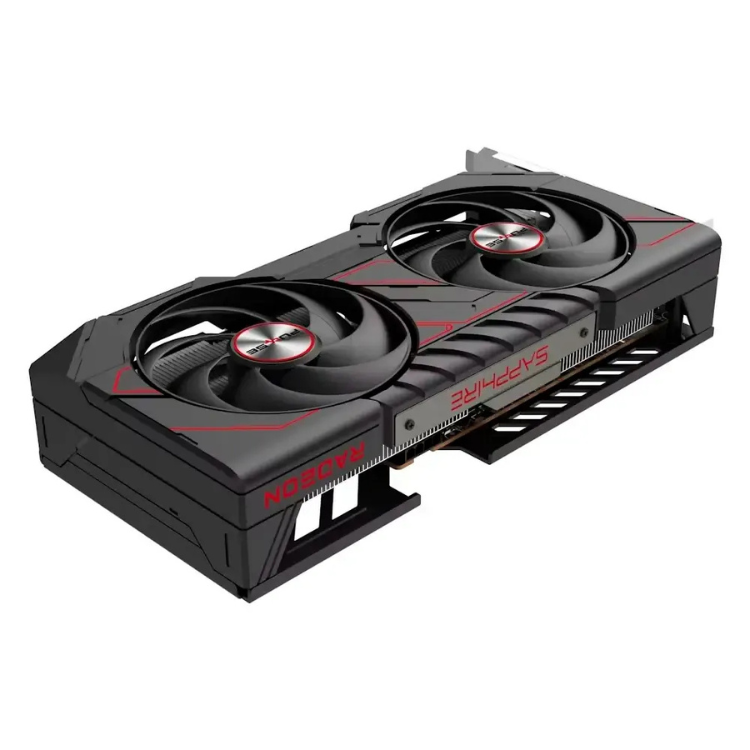 Sapphire Pulse AMD Radeon RX 7600 XT graphics card, black with red accents, dual fans.