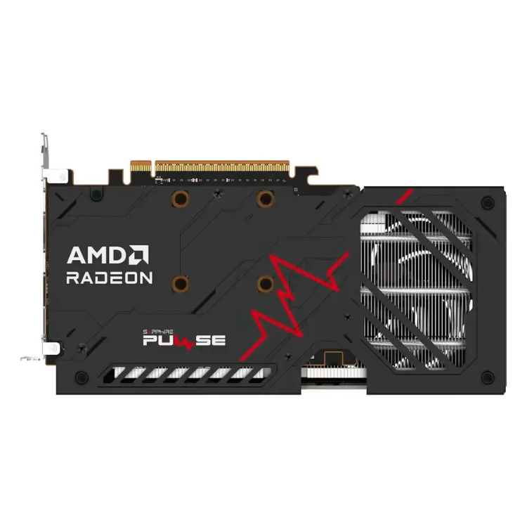 Sapphire Pulse AMD Radeon RX 9060 XT graphics card, black with red accents and 16GB GDDR6, AMD logo visible.