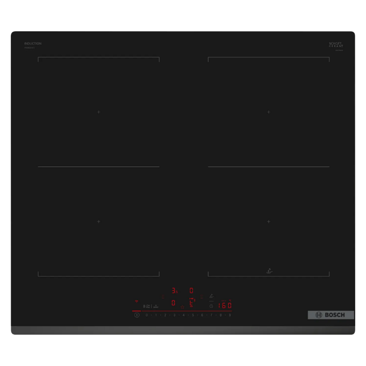 Black Bosch induction cooktop, 4 zones, red display, Serie 6 PVQ631HC1E.