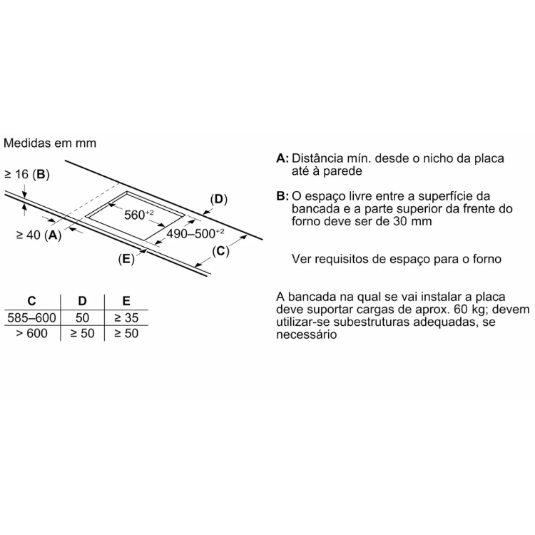 Bosch Serie 6 induction cooktop installation diagram, 60cm, 4 zones, measurements.