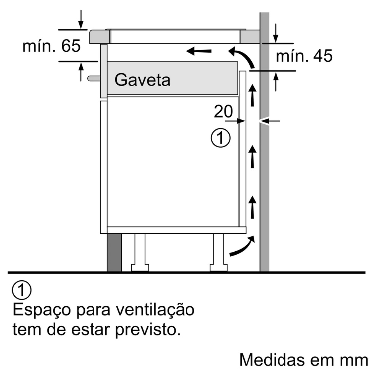 Bosch Serie 6 induction hob installation diagram, 4 zones, 60cm, with ventilation space requirements.