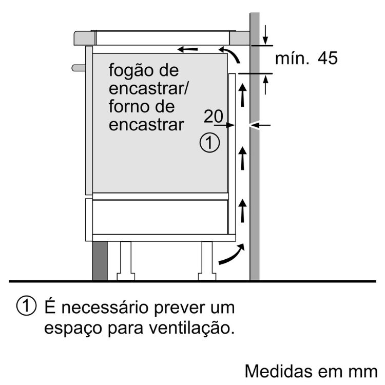 Bosch Serie 6 induction hob installation diagram, 4 zones, 60cm, with ventilation space requirements.