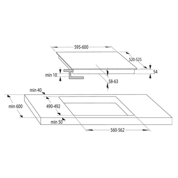 Hisense induction hob dimensions, 60cm, 4 zones, installation measurements.