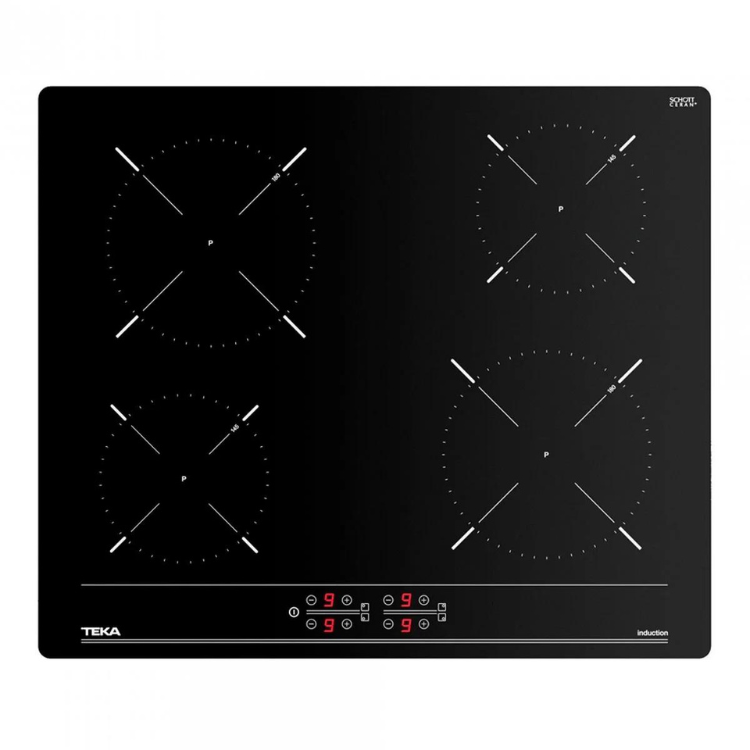 Black Teka induction cooktop, 4 zones, red digital display, white controls.