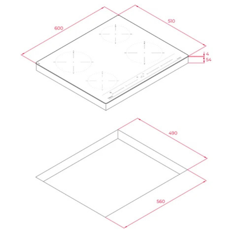 Placa de indução Teka IBC64010BKMSS, dimensões 60x51cm, 4 zonas, vista de cima e lateral.