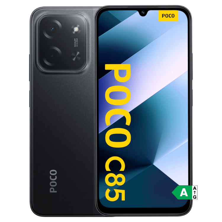 Smartphone POCO C85 preto, 6GB/128GB, câmara dupla e ecrã colorido.