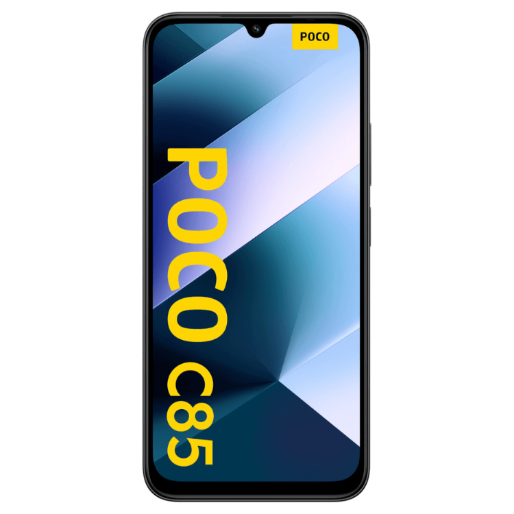 Smartphone POCO C85 preto, com ecrã colorido e logótipo POCO no ecrã.