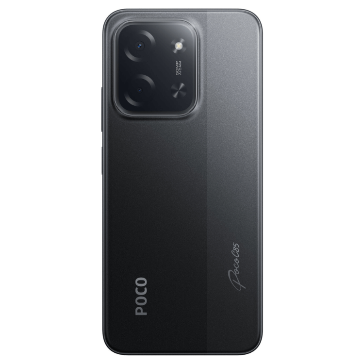 Smartphone Poco C85 preto, 8GB/256GB, câmara tripla, logótipo POCO e modelo C85 na parte traseira.