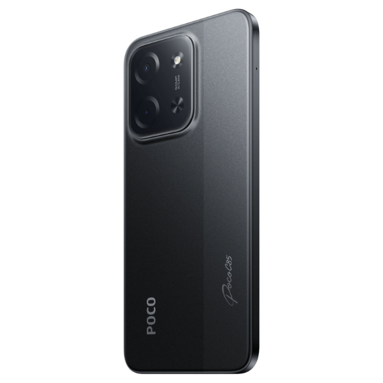 Smartphone POCO C85 preto, 8GB/256GB, câmara tripla, logótipo POCO e modelo C85 na parte traseira.