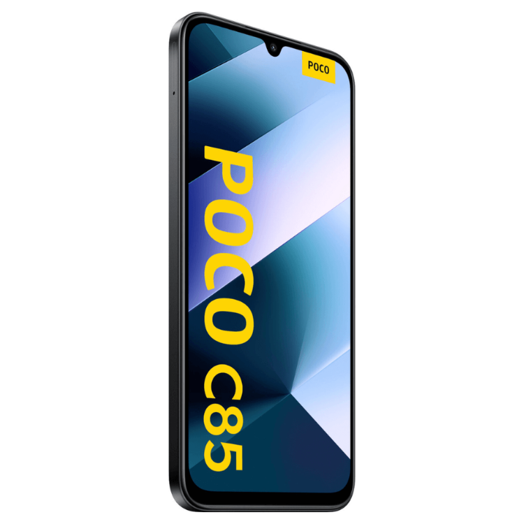 Smartphone POCO C85 preto, com ecrã colorido e logotipo POCO.