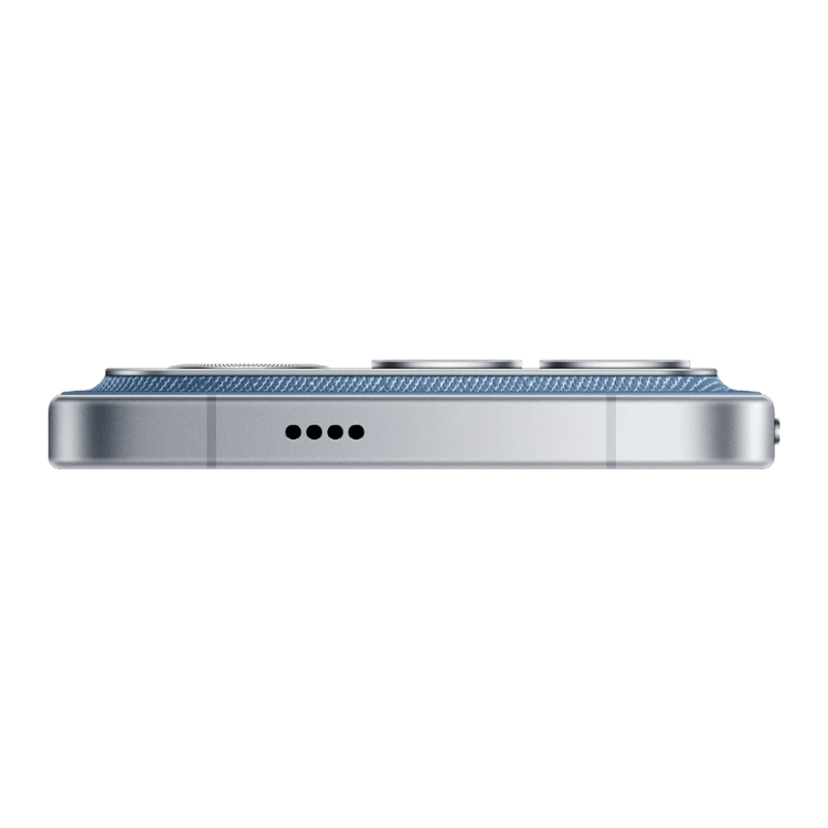 Poco F8 Ultra 5G azul, vista lateral, detalhes em metal e aberturas para som.