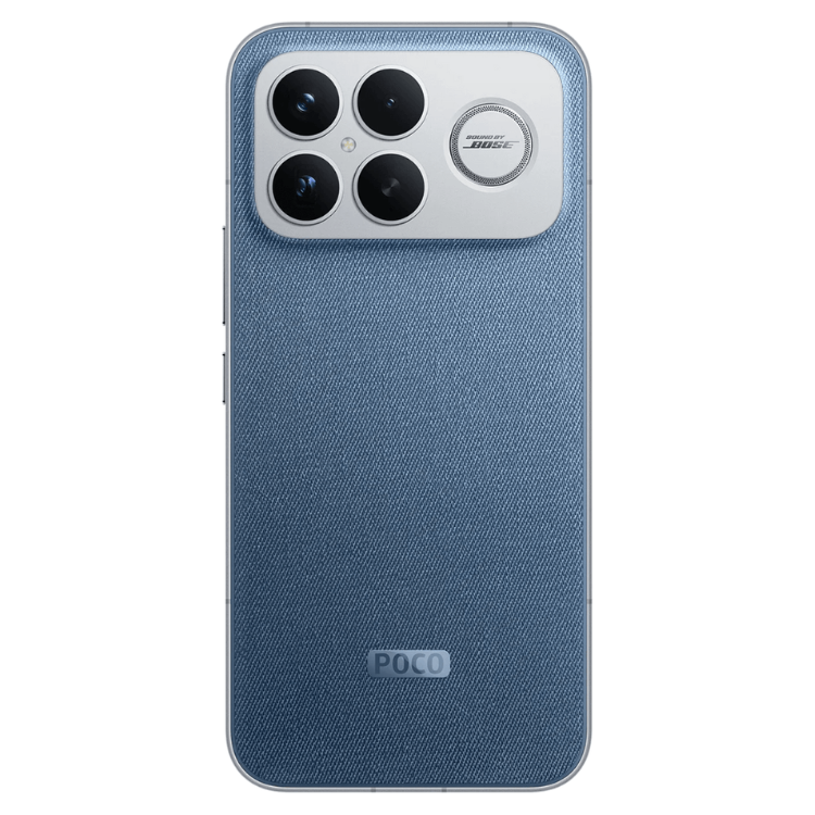 Smartphone Poco F8 Ultra 5G, azul, 4 câmeras, logotipo POCO na parte inferior.