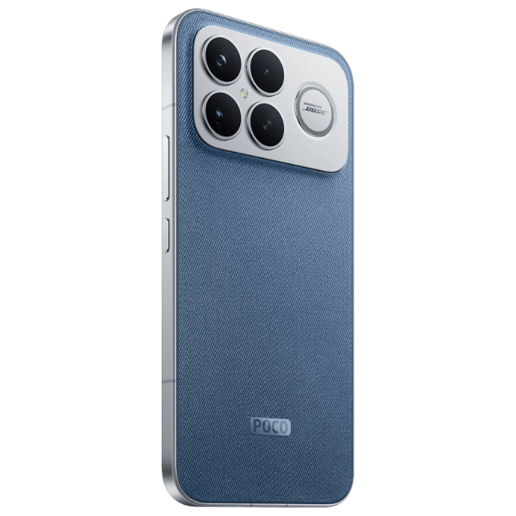 Poco F8 Ultra 5G, azul, 4 câmeras traseiras e logotipo POCO na parte inferior.
