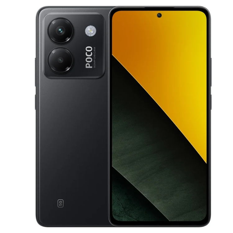 Smartphone Poco M7 Pro 5G preto, com duas câmaras e ecrã ligado a mostrar imagem a cores quentes.