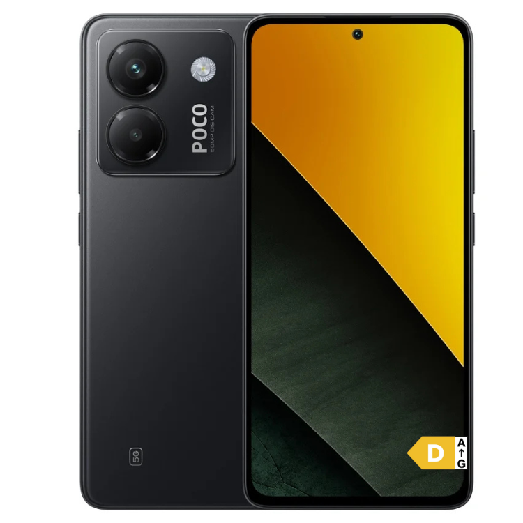 Smartphone Poco M7 Pro 5G preto, com duas câmaras e ecrã ligado a mostrar imagem a cores quentes.