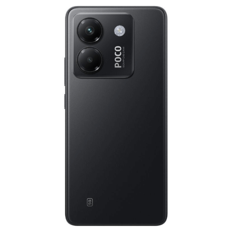 Smartphone Poco M7 Pro 5G preto, com duas câmaras e marca POCO no topo esquerdo.