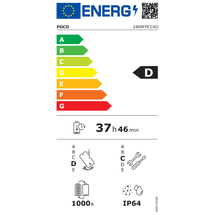Etiqueta energética do smartphone Poco, eficiência D, bateria 37h 46min.