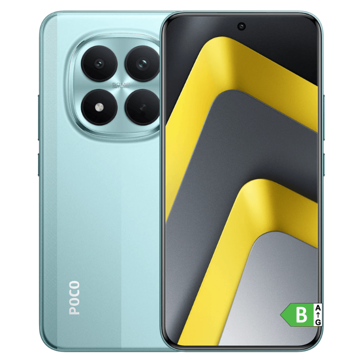 Smartphone POCO M8 Pro 5G verde, com 4 câmeras e ecrã com imagem de fundo amarela e cinza.
