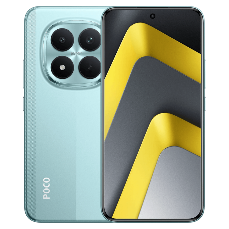 Poco M8 Pro 5G, verde, 4 câmeras traseiras, ecrã com linhas amarelas e cinzas.