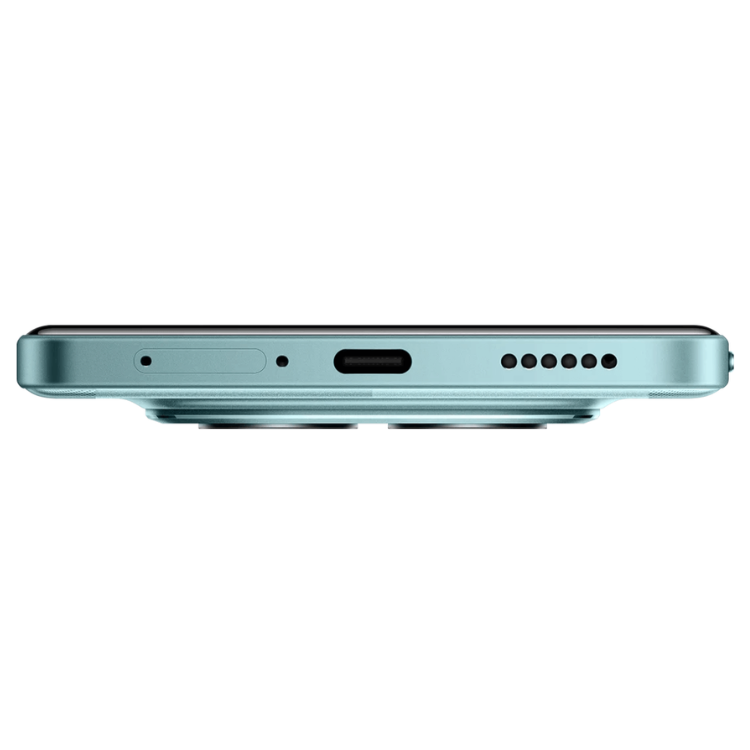 Poco M8 Pro 5G verde, vista lateral, com detalhes dos furos para microfone e altifalantes.
