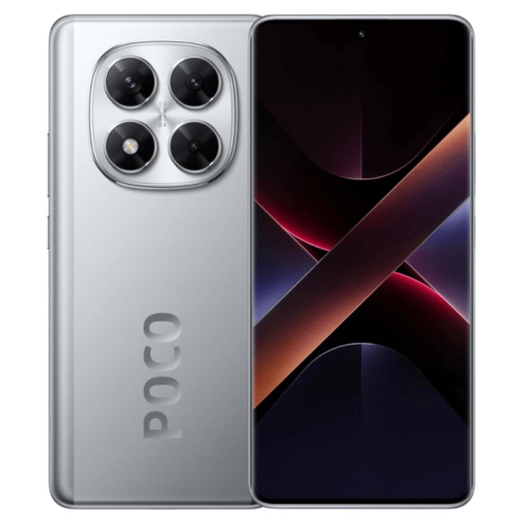 Smartphone POCO X7 5G prata, 12GB/512GB, câmaras quádruplas e ecrã com imagem de fundo escura.