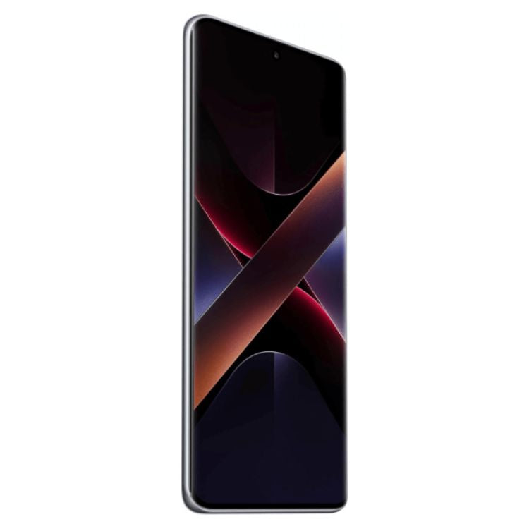 Smartphone Poco X7 5G prata, com ecrã escuro e linhas coloridas.