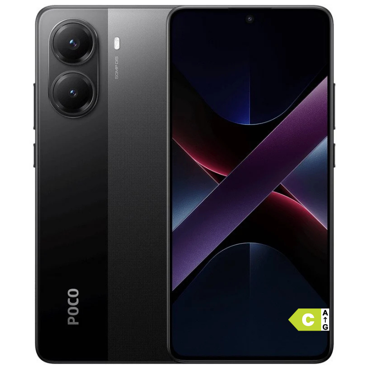 Smartphone Poco X7 Pro 5G preto, com duas câmaras traseiras e ecrã colorido.