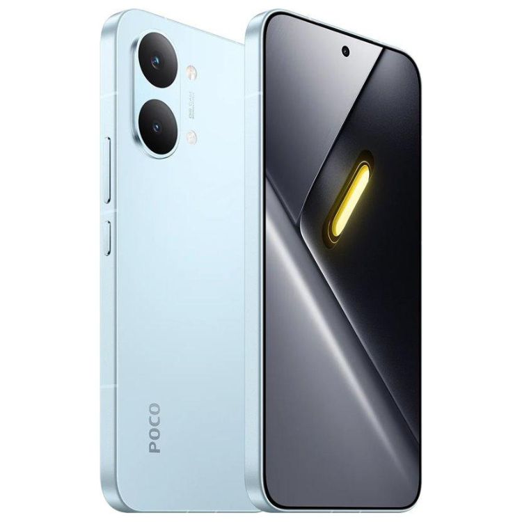 Smartphone Poco X8 Pro Max 5G azul, com duas câmeras traseiras e ecrã preto com luz amarela.