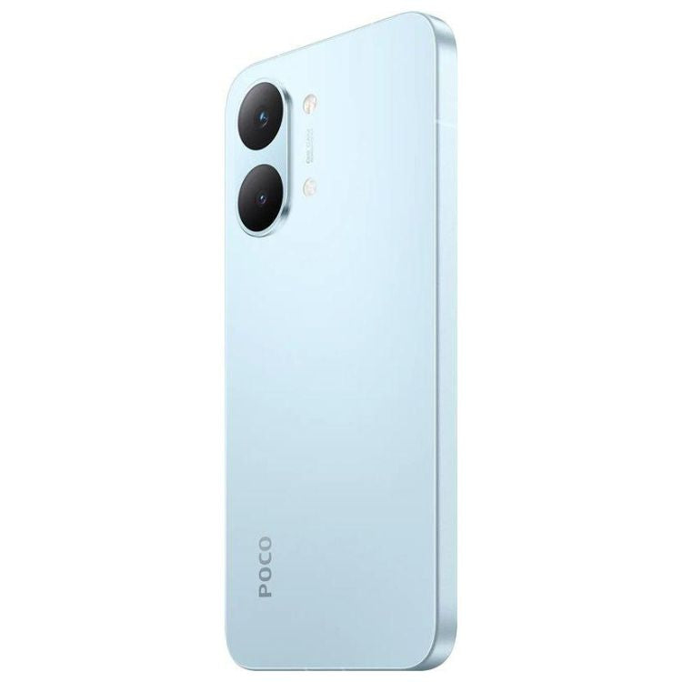 Smartphone Poco X8 Pro Max 5G azul, com duas câmaras traseiras e logotipo POCO na parte inferior.
