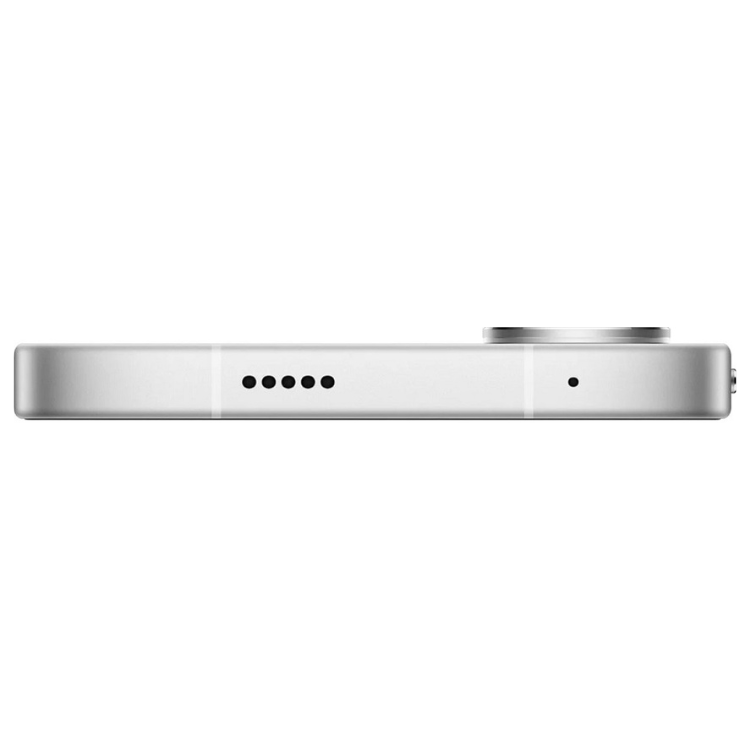 Poco X8 Pro Max 5G branco, vista lateral com câmaras e altifalantes.