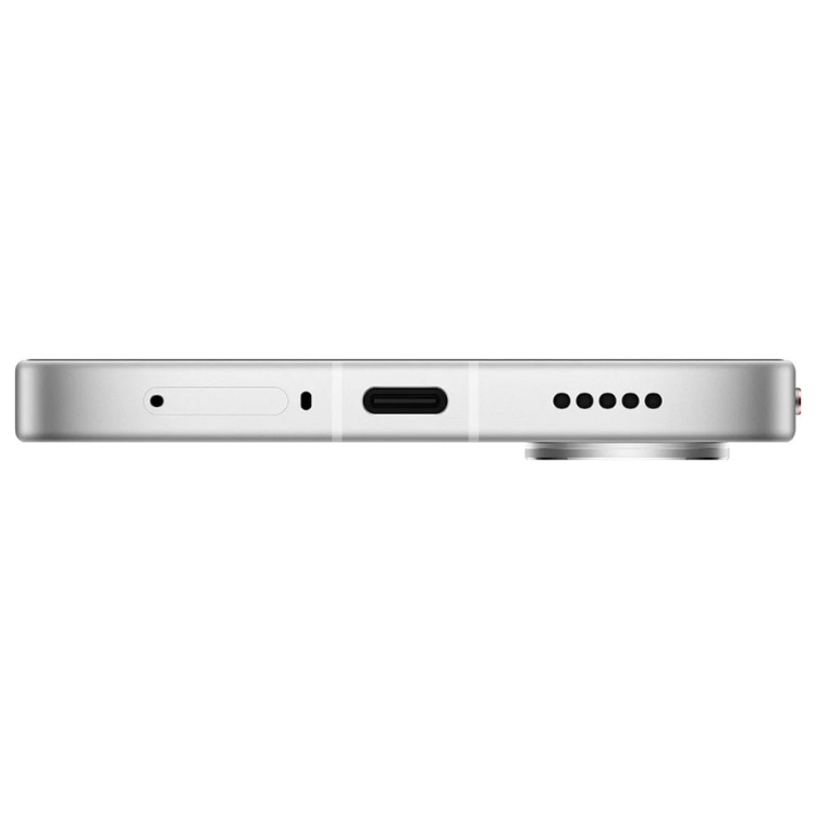 Poco X8 Pro Max 5G branco, vista lateral com várias entradas e furos para altifalantes.