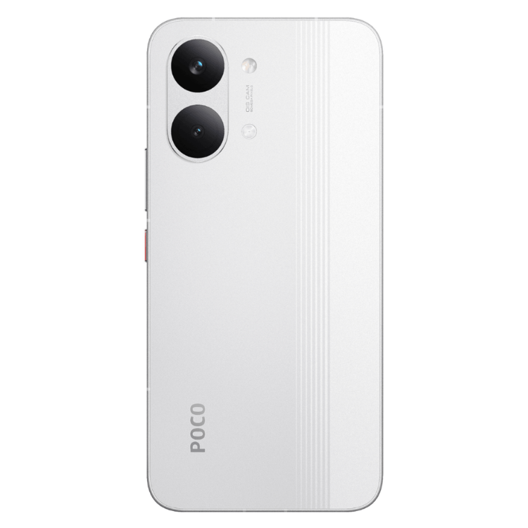 Poco X8 Pro Max 5G branco,  câmera dupla na parte superior esquerda e logotipo POCO na parte inferior.