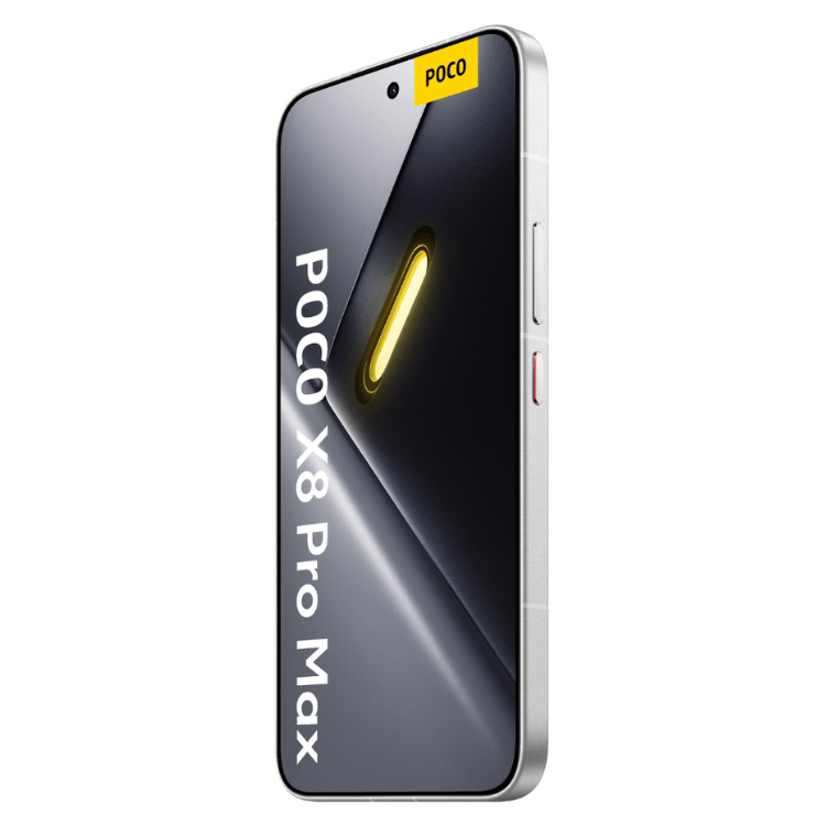 Smartphone POCO X8 Pro Max branco, com ecrã preto e logótipo POCO a amarelo.
