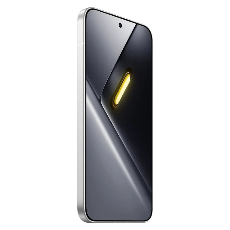 Smartphone Poco X8 Pro Max 5G branco com luz de notificação dourada acesa na parte de trás.