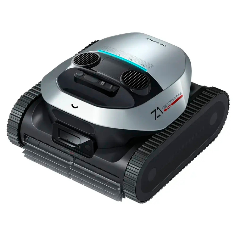 Dreame Z1 robotic pool cleaner, silver and black, with blue light strip.