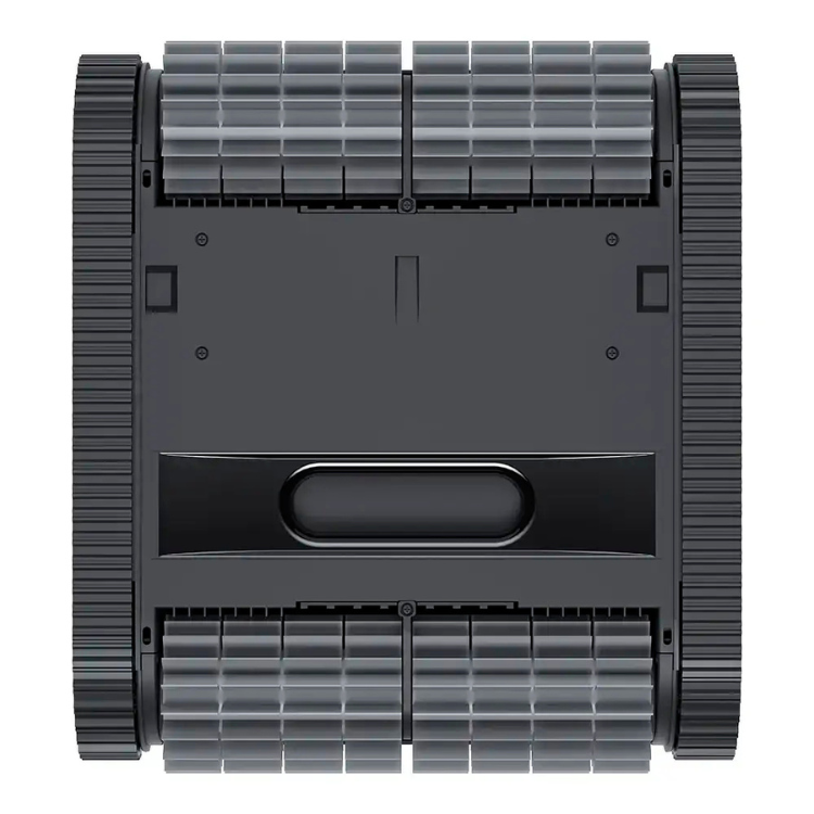 Dreame Z1 pool cleaner, black, top view, with grey brushes and ribbed sides.