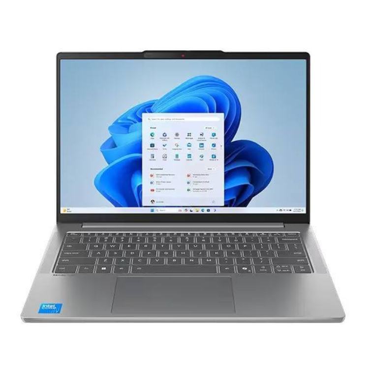 Portátil Lenovo cinzento com ecrã de 14 polegadas ligado, teclado e logótipo Intel, mostrando o menu Iniciar do Windows.