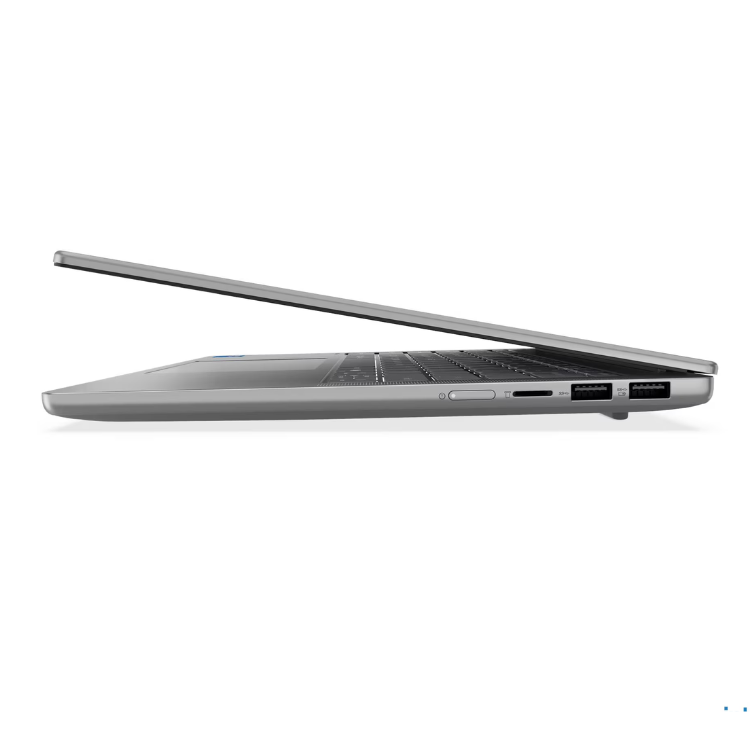 Portátil Lenovo cinzento aberto, mostrando o teclado e portas USB.