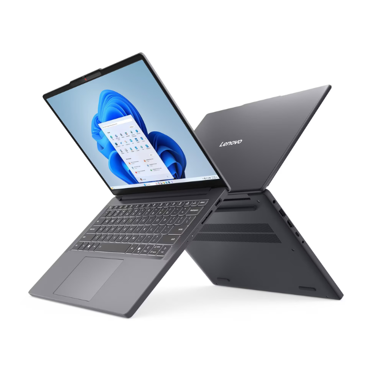 Lenovo IdeaPad Slim 3 laptop, grey, open and closed, 14-inch screen.