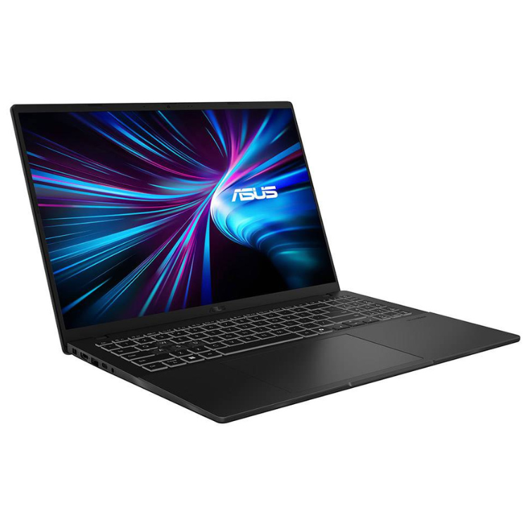 Black Asus gaming laptop, 16-inch screen, colorful background.