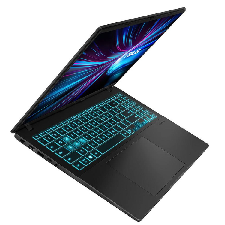 Black Asus gaming laptop with 16-inch screen, blue backlit keyboard, i7 processor, 32GB RAM, 1TB storage.