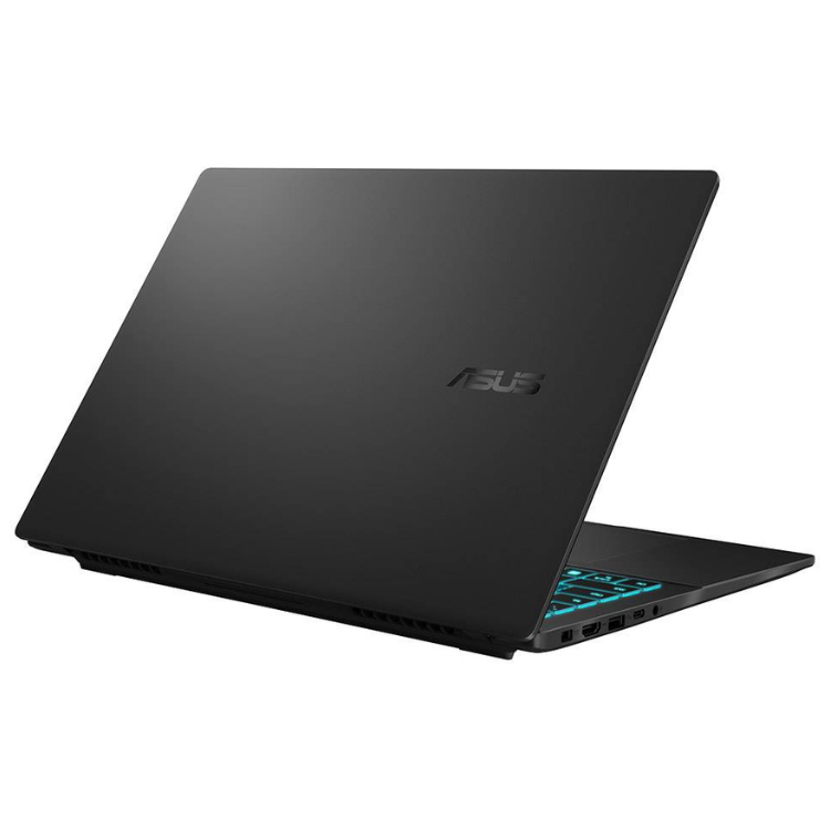 Black Asus gaming laptop, 16-inch, open, blue keyboard backlight.