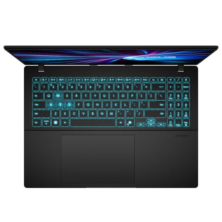 Black Asus gaming laptop, 16-inch screen, blue backlit keyboard.