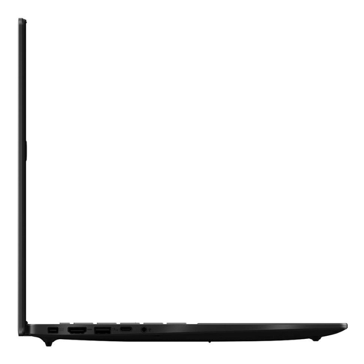 Black Asus gaming laptop side view, 16-inch, ports on bottom.